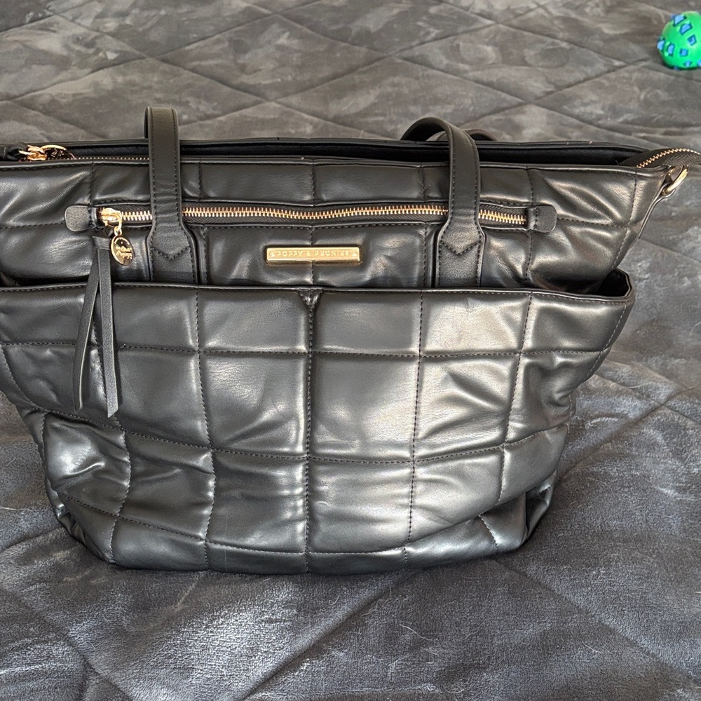 Poppy & Peonies Black Quilted Tote with Gold Hardware